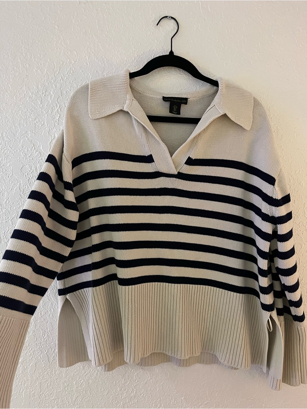 House of Harlow 1960 Collared Striped Sweater Pullover - Ivory & Navy